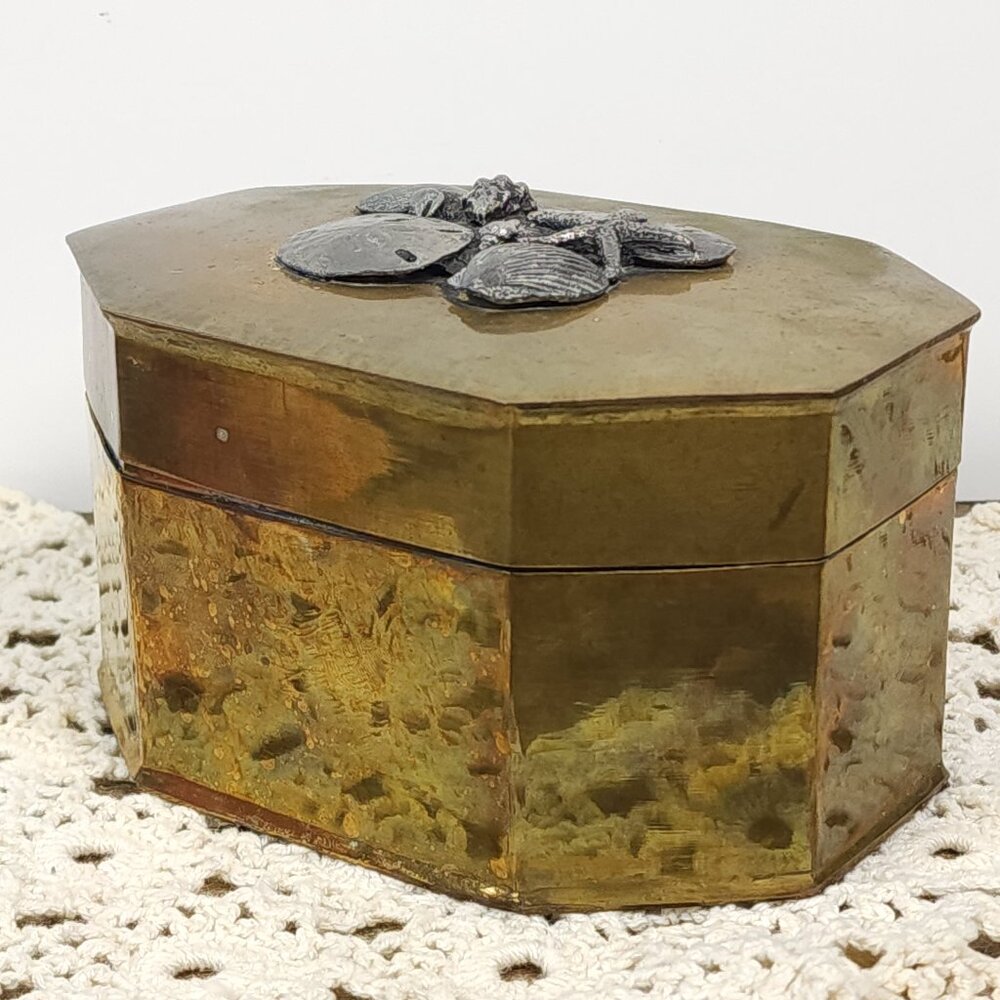 Vintage Brass Trinket Box with Seashell Accent